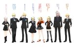  4boys 4girls ahoge braiding_hair breasts business_casual business_suit clenched_hand collar commentary_request fate/apocrypha fate/extra fate/extra_ccc fate/grand_order fate/stay_night fate/strange_fake fate_(series) flower formal gawain_(fate/extra) hair_ribbon hairdressing hand_on_hip hand_on_own_chest highres holding_sword holding_weapon katana koha-ace large_breasts long_hair messy_hair multiple_boys multiple_girls ribbon saber saber_(fate/prototype) saber_(fate/strange_fake) saber_extra saber_of_black saber_of_red sakura_saber shimaneko sword translation_request weapon 
