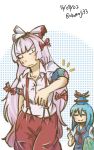  2girls =_= ascot blue_dress blue_hair bow buttons chamaji commentary dots dress fujiwara_no_mokou hair_bow hat highres kamishirasawa_keine long_hair multiple_girls needle pants patches red_pants sewing_needle short_sleeves silver_hair sparkle suspenders sweatdrop touhou 
