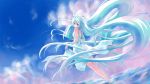  1girl absurdly_long_hair dress floating_hair hatsune_miku long_hair skirt_hold solo twintails very_long_hair vocaloid water 