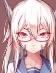  1girl close-up dream_demon frown glasses horns long_hair looking_at_viewer monster_girl original red_eyes school_uniform semi-rimless_glasses serafuku silver_hair solo 