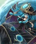  1girl armlet armpits blue_eyes blue_hair duel_monster evigishki_mind_augus facial_mark fingerless_gloves fish gishki_ariel gloves hat highres long_hair monster_girl open_mouth parted_lips rr_(rr2) solo staff witch_hat yu-gi-oh! yuu-gi-ou 