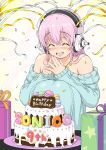  1girl bare_shoulders birthday birthday_cake blush breasts cake closed_eyes confetti food happy_birthday headphones large_breasts long_hair macaron nitroplus off-shoulder_sweater official_art open_mouth party_popper pink_hair ribbon smile solo streamers super_sonico sweater tsuji_santa 