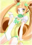  1girl adapted_costume brown_hair clover cure_rosetta dokidoki!_precure dorasan four-leaf_clover highres leotard long_hair mouth_hold precure side-tie_leotard solo twintails yellow_eyes yotsuba_alice 