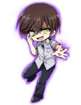  1boy :d brown_hair charlotte_(anime) chibi looking_at_viewer nakadome open_mouth otosaka_yuu outstretched_hand pants shirt short_hair simple_background smile solo v_over_eye white_background yellow_eyes 