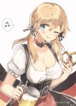  1girl :t alcohol anchor_hair_ornament beer beer_mug blonde_hair breasts chibirisu cleavage dirndl eating german_clothes german_flag germany hair_ornament iron_cross kantai_collection long_hair musical_note oktoberfest one_eye_closed pretzel prinz_eugen_(kantai_collection) smile solo spoken_musical_note twintails underbust 