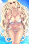  1girl bad_id bare_shoulders bikini blonde_hair breasts cleavage long_hair looking_at_viewer navel open_mouth original raycat smile solo swimsuit thigh_gap very_long_hair violet_eyes white_bikini white_swimsuit 