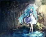  1girl aqua_hair dress flower hatsune_miku long_hair rain solo tree twintails umbrella usky very_long_hair vocaloid wading water 