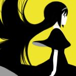  1girl akemi_homura ange black_eyes black_hair dress expressionless funeral_dress hairband homulilly long_hair mahou_shoujo_madoka_magica pixiv_manga_sample profile simple_background solo very_long_hair yellow_background 