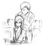  1boy 1girl animal_ears business_suit computer_keyboard ear_grab glasses long_hair monitor monochrome office_lady original parted_lips yanagida_fumita 