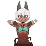  1girl animal_ears breasts cat_ears cat_tail fang green_eyes heart heart_hands higa_norio looking_at_viewer ms._fortune_(skullgirls) navel short_hair simple_background skullgirls smile solo tail under_boob white_background white_hair 