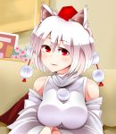  1girl animal_ears bare_shoulders breasts detached_sleeves doge hat highres inubashiri_momiji large_breasts looking_at_viewer lying on_stomach open_mouth pom_pom_(clothes) red_eyes short_hair silver_hair solo tokin_hat touhou wolf_ears 