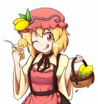  1girl ;q aki_minoriko apron basket blonde_hair cinnamon_stick cloves commentary cup drinking_glass drinking_straw food fruit hat lemon lemonade licking_lips long_sleeves mob_cap one_eye_closed red_eyes shirt skirt smile solo tongue tongue_out touhou wide_sleeves wool_(miwol) 