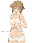  1girl armpits bare_shoulders blush breasts brown_hair camisole cleavage collarbone green_eyes jewelry kantai_collection midriff mutsu_(kantai_collection) navel one_eye_closed panties ring short_hair shy solo tagme torminal twitter_username underwear wedding_ring 