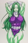  1girl abs arms_behind_head breasts chiba_toshirou gloves green_eyes green_hair green_skin jennifer_walters large_breasts leotard long_hair marker_(medium) marvel muscle she-hulk skin_tight smile solo traditional_media turtleneck white_gloves 