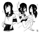  1girl bags_under_eyes barefoot callan_(callancoe) commentary_request dark_persona fubuki_(kantai_collection) glaring handheld_game_console kantai_collection looking_back midriff monochrome nintendo_ds pillow ponytail sanpaku school_uniform scratching sitting translation_request 