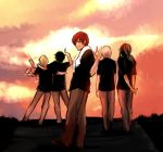  5boys alternate_costume arm_around_back arm_around_shoulders arsmagna bak_witt bandaid bandaid_on_face black_hair black_shirt blonde_hair from_behind grey_hair izumi_sou kano_akira_(arsmagna) kurou_kentou looking_back lowres multiple_boys ooyama_(hnk1018) ponytail redhead sakakibara_tatsuki shirt short_hair smile sunset t-shirt v 