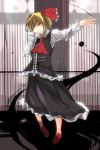  1girl :d blonde_hair darkness frilled_skirt frills hair_ribbon hand_over_face highres open_mouth red_eyes ribbon rumia short_hair skirt sm5050 smile touhou vest 