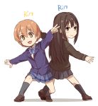  2girls akni brown_hair cardigan crossover green_eyes hoshizora_rin idolmaster idolmaster_cinderella_girls long_hair love_live!_school_idol_project multiple_girls namesake orange_hair school_uniform shibuya_rin short_hair smile yellow_eyes 