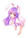  1girl :d animal_ears barefoot blush breasts cleavage highres kiyama_satoshi large_breasts long_hair looking_at_viewer open-chest_sweater open_mouth panties panty_pull pink_panties purple_hair rabbit_ears red_eyes reisen_udongein_inaba ribbed_sweater simple_background smile solo sweater touhou underwear white_background 
