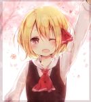  1girl ;d arm_up blonde_hair fang hair_ribbon misa_(kaeruhitode) one_eye_closed open_mouth petals red_eyes ribbon rumia shirt short_hair smile touhou vest 