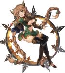  1girl armor bangs black_legwear blush bracelet braid breasts brown_hair carmelina_(granblue_fantasy) covered_nipples eruthika full_body gem granblue_fantasy green_eyes high_heels highres holding holding_weapon horns jewelry light_brown_hair long_hair looking_at_viewer navel pointy_ears short_over_long_sleeves side_slit simple_background smile solo twin_braids under_boob underboob_cutout very_long_hair weapon wide_sleeves 
