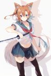  1girl animal_ears blue_eyes brown_hair crop_top dual_wielding highres katana kousaka_honoka looking_at_viewer love_live!_school_idol_project midriff navel school_uniform serafuku short_hair side_ponytail solo sword thigh-highs ultone_(neisiss) weapon 