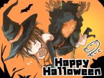  1girl alternate_costume artist_name bat broom broom_riding brown_eyes brown_hair candy commentary_request folded_ponytail halloween hat inazuma_(kantai_collection) kantai_collection lollipop long_gloves mouth_hold one_eye_closed witch_hat 