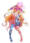  1girl ^_^ alphes_(style) american_flag_legwear american_flag_shirt arms_up blonde_hair closed_eyes clownpiece dairi hat highres jester_cap long_hair open_mouth pantyhose parody simple_background smile solo star striped striped_legwear style_parody torch touhou very_long_hair white_background 