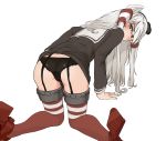  1girl all_fours amatsukaze_(kantai_collection) ass bangs black_blouse black_panties blouse blush brown_eyes from_behind frown glaring hair_tubes hat high_heels highres kantai_collection kento1102 long_hair long_sleeves looking_at_viewer looking_back mini_hat no_pants panties red_legwear red_shoes sailor_collar shoes silver_hair simple_background solo thigh-highs twintails underwear white_background 