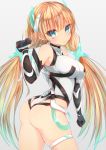  1girl angela_balzac ass bare_shoulders blonde_hair blue_eyes blush breasts elbow_gloves gloves grey_background headgear highres large_breasts leotard long_hair looking_at_viewer low_twintails rakuen_tsuihou suneo thigh_strap twintails very_long_hair 