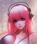  1girl between_breasts bikini_top blush breasts crying crying_with_eyes_open headphones large_breasts long_hair looking_at_viewer nitroplus pink_hair red_eyes solo super_sonico tears yu-han 