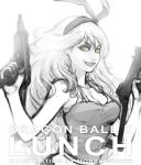  1girl artist_name blurry breasts character_name cleavage copyright_name dragon_ball dual_wielding earrings eyelashes green_eyes grin gun hairband imi_uzi jewelry lunch_(dragon_ball) monkey_rider monochrome smile solo spot_color submachine_gun tank_top weapon 