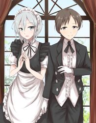  2girls alternate_costume anastasia_(idolmaster) blue_eyes brown_eyes brown_hair butler crossdressinging enmaided gotaishu idolmaster idolmaster_cinderella_girls long_hair looking_at_viewer maid multiple_girls nitta_minami ponytail short_hair silver_hair smile 