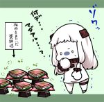  1girl chibi commentary_request covering_mouth dress hishimochi horns kantai_collection kobone long_hair mittens mold northern_ocean_hime pale_skin revision shinkaisei-kan solo sweatdrop translated trembling white_dress white_hair white_skin 