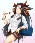  1girl bag bangs_pinned_back black_hair bracelet brown_skirt candy facial_mark fingernails forehead_mark gradient gradient_background hair_ornament hair_stick hair_tubes holding_food horns jewelry kasu_kazu kisaragi_(shironeko_project) lollipop long_fingernails long_hair long_sleeves looking_at_viewer multicolored_hair pinky_out pleated_skirt ponytail red_eyes red_fingernails redhead sharp_fingernails shironeko_project shirt shoulder_bag signature skirt smile solo very_long_hair walking white_shirt 