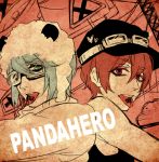  2boys animal_hat aqua_hair arsmagna cabbie_hat copyright_name goggles goggles_on_hat hat izumi_sou kano_akira_(arsmagna) male_focus multiple_boys ooyama_(hnk1018) panda_hero_(vocaloid) red_eyes redhead tongue tongue_out upper_body 