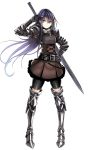  1girl black_gloves black_hair blue_eyes boots breastplate commentary_request gloves greaves hand_on_hip mugenshiki original shorts_under_skirt solo sword thigh-highs thigh_boots weapon white_background 