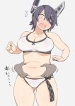  /\/\/\ 1girl belly belly_grab bikini blush breasts bright_pupils collarbone cowboy_shot eyepatch full-face_blush halterneck headgear kantai_collection large_breasts long_hair navel nora_higuma open_mouth plump purple_hair short_hair simple_background surprised swimsuit tenryuu_(kantai_collection) weight_conscious yellow_eyes 