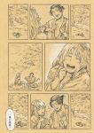  1boy 1girl closed_eyes comic fish_tail happy head_fins highres long_hair open_mouth sepia short_hair sitting smile stone touhou translation_request wakasagihime water woominwoomin5 
