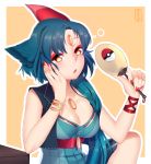  1girl animal_ears bangle blue_hair bracelet breasts cleavage fan fingernails forehead_jewel hand_on_own_face highres jewelry makeup matemi nail_polish open_mouth personification pokemon short_hair sneasel solo yellow_eyes 