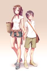  1boy 1girl bag black_hair brown_hair height_difference highres holding_hands interlocked_fingers no_socks original shorts sidelocks smile violet_eyes wokada 