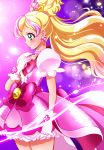  1girl absurdres aqua_eyes blonde_hair blush bow cowboy_shot cure_flora earrings eyebrows flower_earrings gloves go!_princess_precure hand_on_own_chest haruno_haruka highres jewelry long_hair magical_girl multicolored_hair petals pink_bow pink_hair pink_skirt precure profile puffy_sleeves purple_background sharumon skirt smile solo standing streaked_hair thick_eyebrows two-tone_hair white_gloves 
