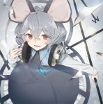  1girl album_cover animal_ears capelet cover dowsing_rod dress gem grey_dress grey_hair hayashi_kewi headphones jewelry looking_at_viewer lowres mouse_ears mouse_tail nazrin necklace open_mouth pendant red_eyes smile solo tail touhou 