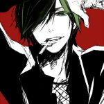  1boy arsmagna bak_witt cross cross_necklace green_hair hair_over_one_eye lowres male_focus mouth_hold ooyama_(hnk1018) red_background simple_background smirk solo 