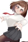  1girl absurdres boku_no_hero_academia brown_eyes brown_hair brown_pantyhose grey_skirt highres necktie open_mouth pantyhose red_necktie shirt simple_background skirt solo uraraka_ochako white_background white_shirt yuru_octopus 