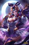  1girl armor black_hair blue_eyes breasts citemer crescent_moon diana_(league_of_legends) forehead_protector hair_rings jewelry league_of_legends long_hair moon solo thigh-highs violet_eyes 