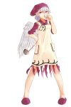  1girl angel_wings apron dress hat kishin_sagume ladle looking_at_viewer nama_shirasu purple_dress red_eyes silver_hair single_wing slippers solo tasting touhou wings 