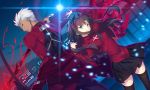  1boy 1girl archer arrow back-to-back black_legwear blue_eyes bow_(weapon) brown_hair city cloak clouds dark_skin electricity fate/stay_night fate_(series) gem glowing grin hair_ribbon long_hair long_sleeves looking_back ribbon short_hair skirt smile thigh-highs tohsaka_rin toosaka_rin twintails two_side_up weapon white_hair yangsion 
