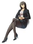  alternate_costume black_hair black_legwear commentary_request crossed_legs formal glasses hands_clasped high_heels kantai_collection long_hair looking_at_viewer nagato_(kantai_collection) pantyhose sitting skirt_suit suit tsuzuki_masumi yellow_eyes 