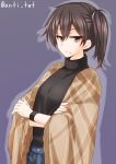  1girl anti_(untea9) black_hair black_sweater brown_eyes cowboy_shot crossed_arms denim frown grey_background hair_ornament hairband highres jeans kaga_(kantai_collection) kantai_collection looking_at_viewer pants short_hair side_ponytail simple_background solo sweater turtleneck twitter_username 